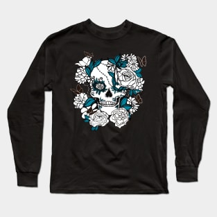 Skull Line Drawing with Butterflies and Flowers in Blue and Black Long Sleeve T-Shirt